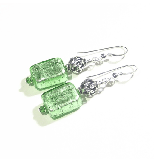 Murano Glass Mint Green Rectangle Silver Earrings by JKC Murano - JKC Murano