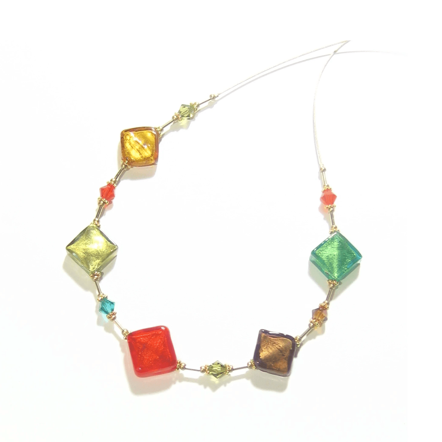 Murano Glass Colorful Diamond Fall Colors Gold Necklace - JKC Murano