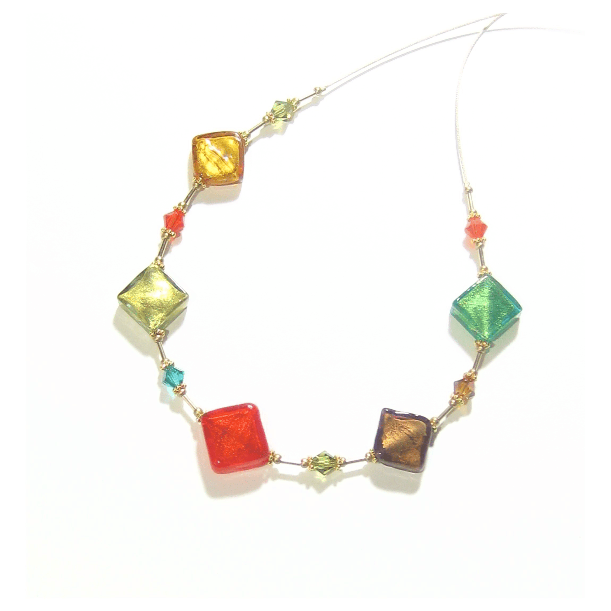 Murano Glass Colorful Diamond Fall Colors Gold Necklace - JKC Murano