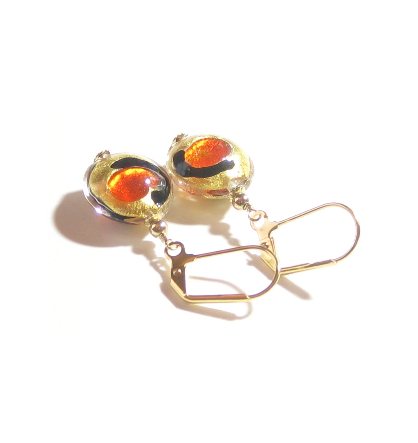 Murano Glass Orange Dot Black Gold Earrings, Leverback Earrings - JKC Murano