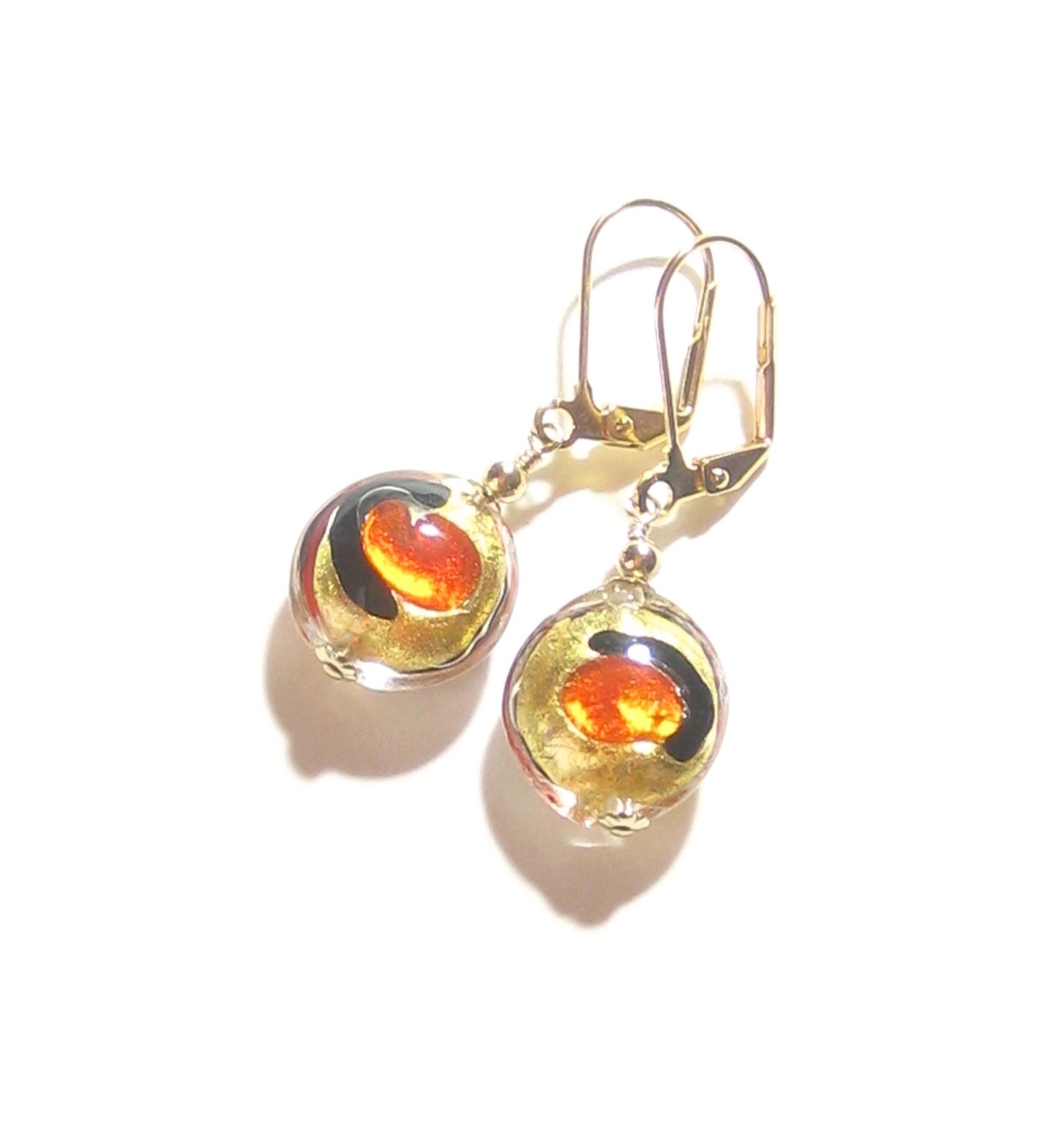 Murano Glass Orange Dot Black Gold Earrings, Leverback Earrings - JKC Murano