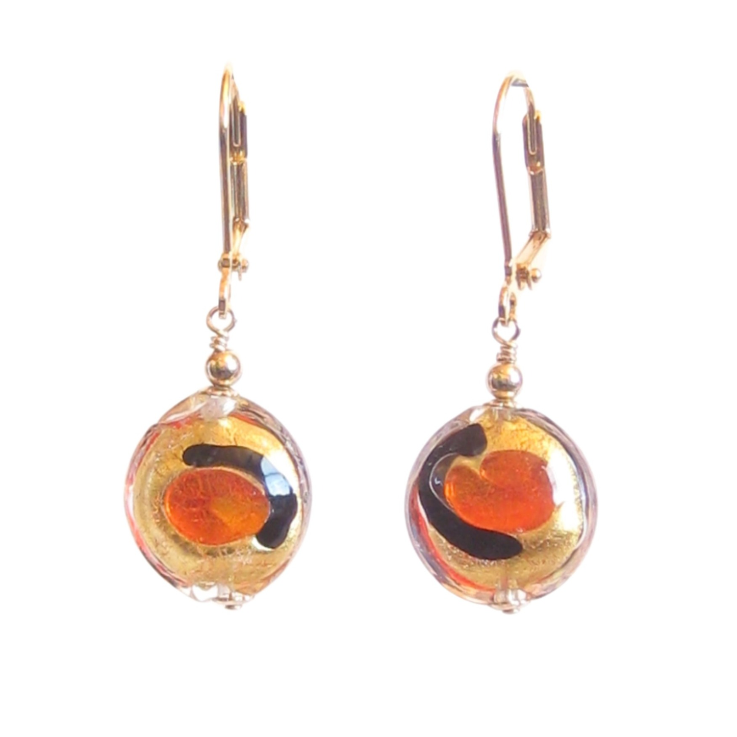 Murano Glass Orange Dot Black Gold Earrings, Leverback Earrings - JKC Murano