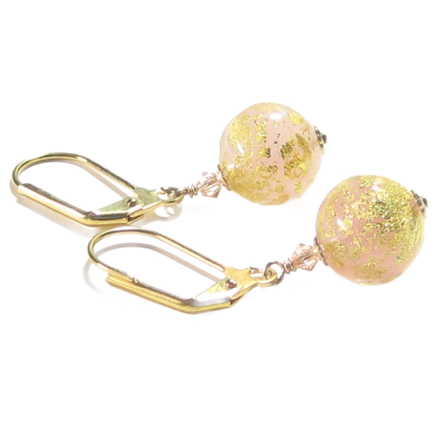 Italian Murano Glass Peach Cadora Gold Earrings, Gold Filled Leverbacks - JKC Murano