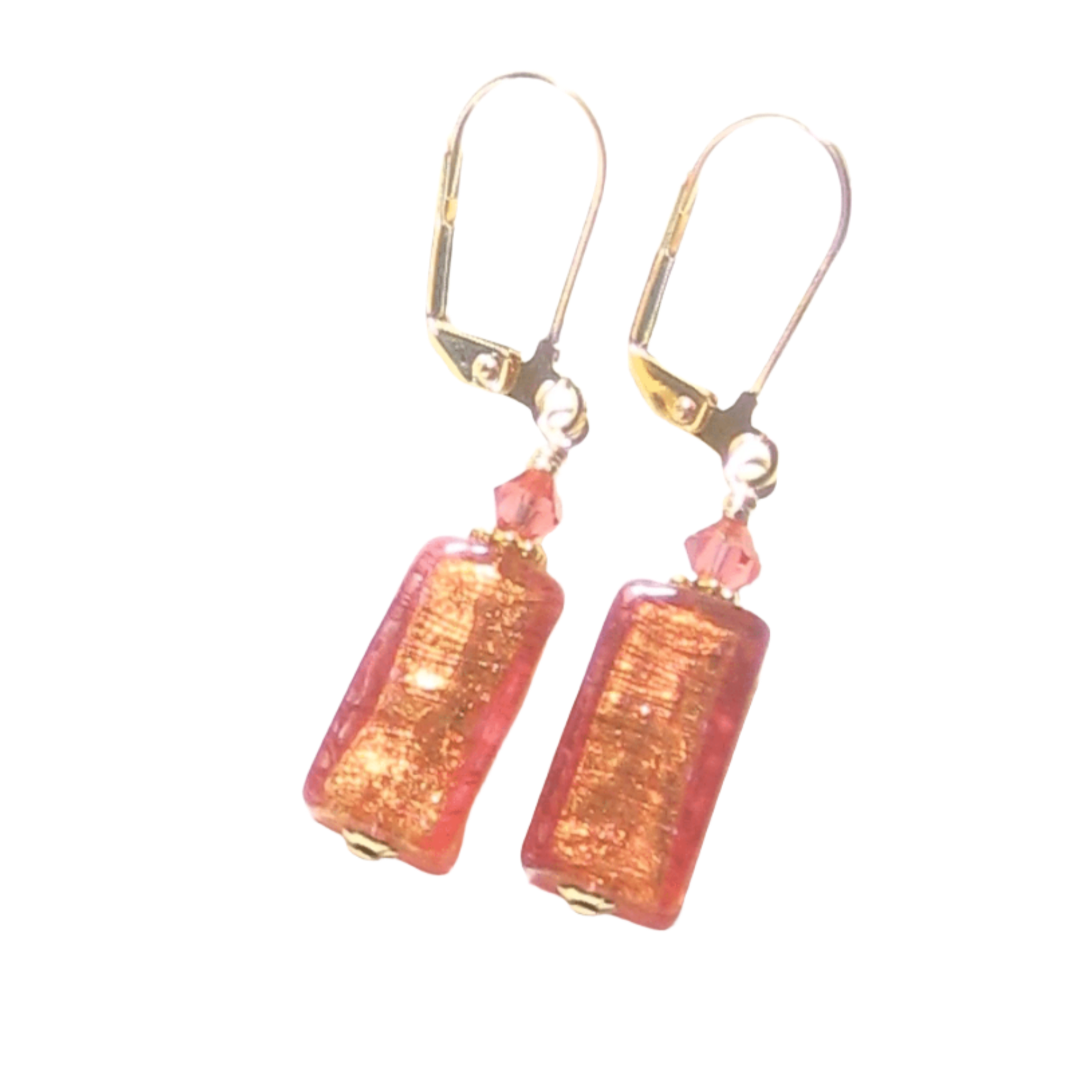 Murano Glass Pink Salmon Rectangle Gold Earrings by JKC Murano - JKC Murano