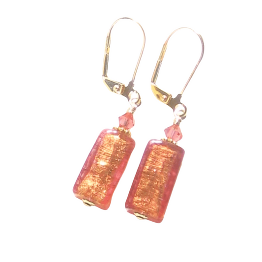 Murano Glass Pink Salmon Rectangle Gold Earrings by JKC Murano - JKC Murano