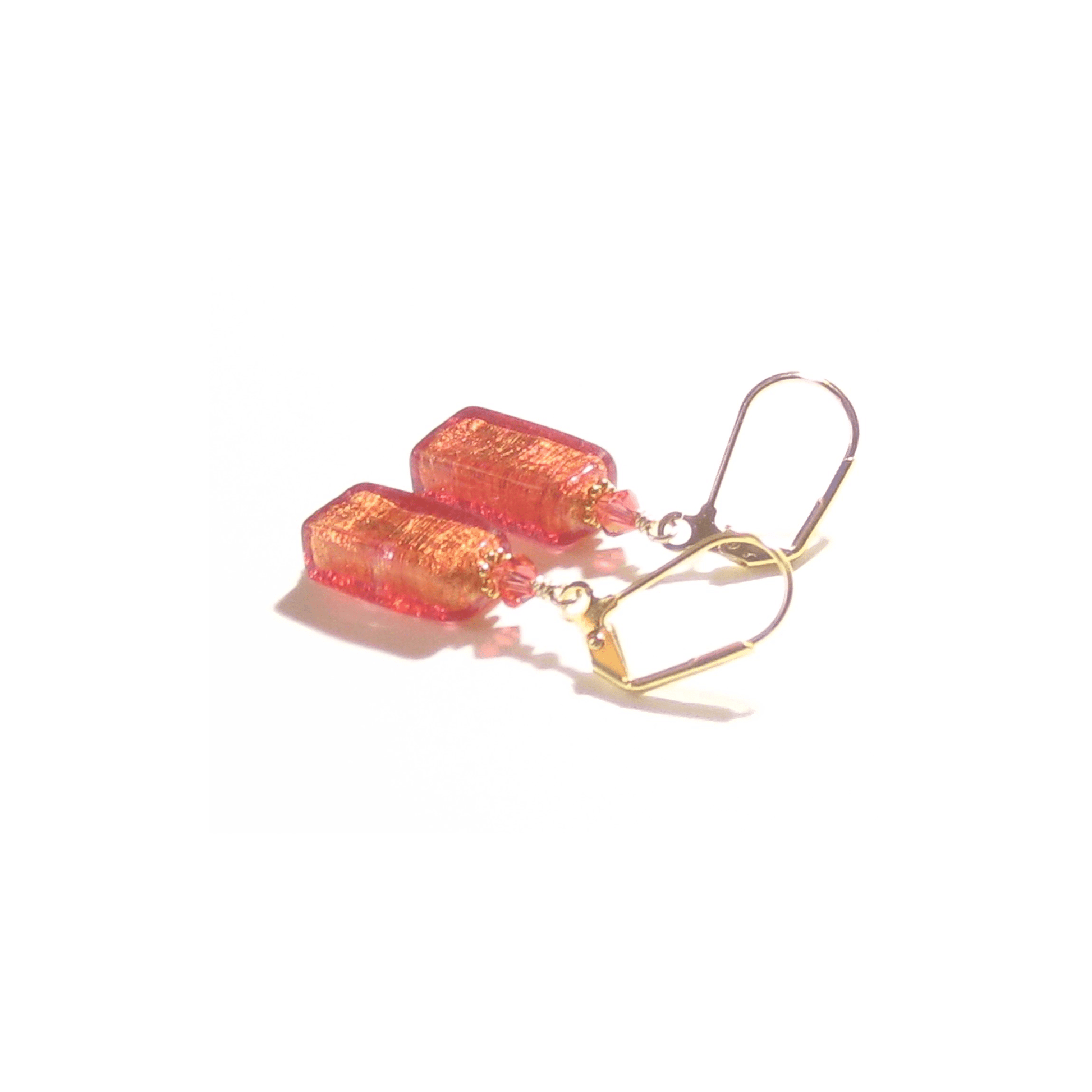 Murano Glass Pink Salmon Rectangle Gold Earrings by JKC Murano - JKC Murano