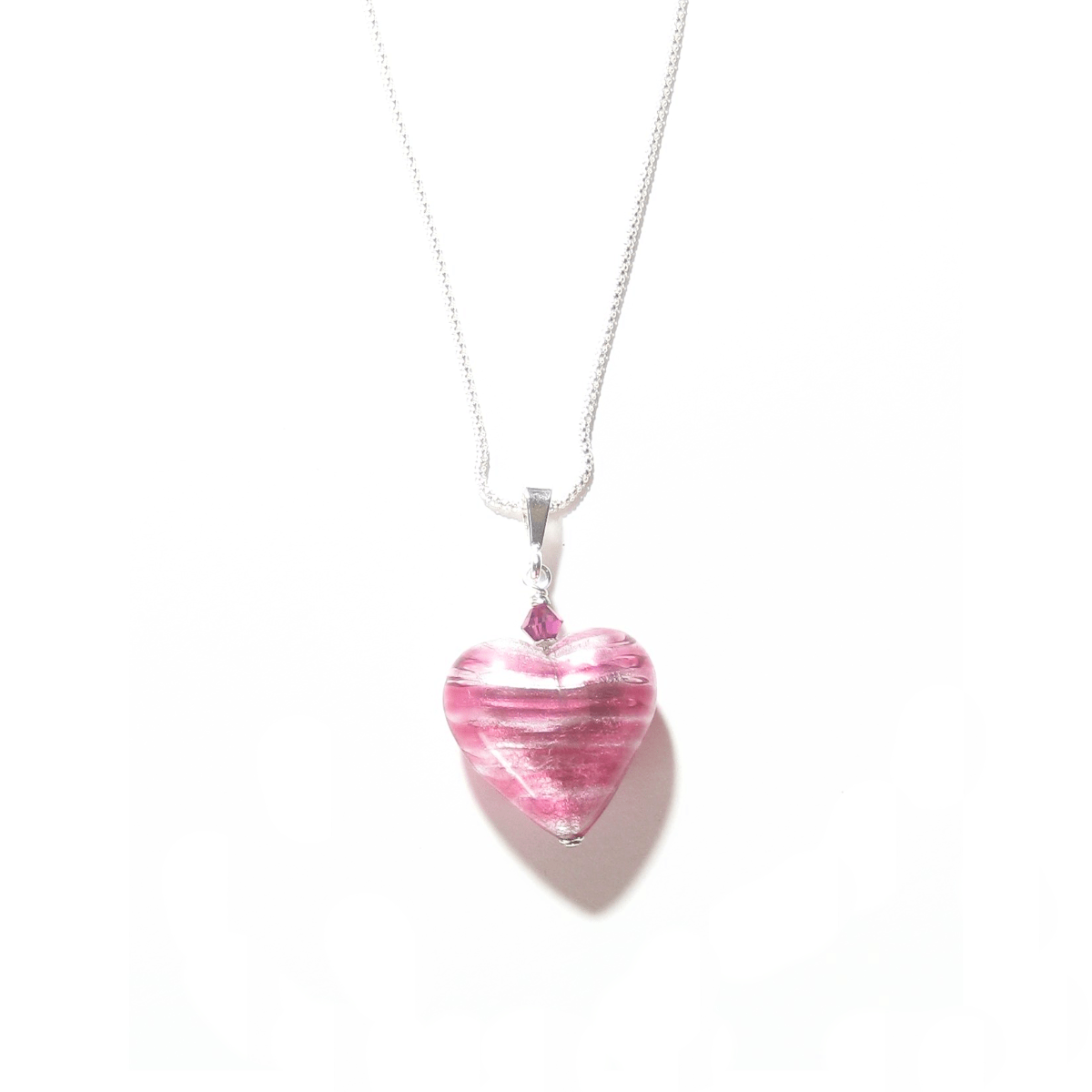 Murano Glass Pink Silver Heart Pendant, Venetian Jewelry - JKC Murano