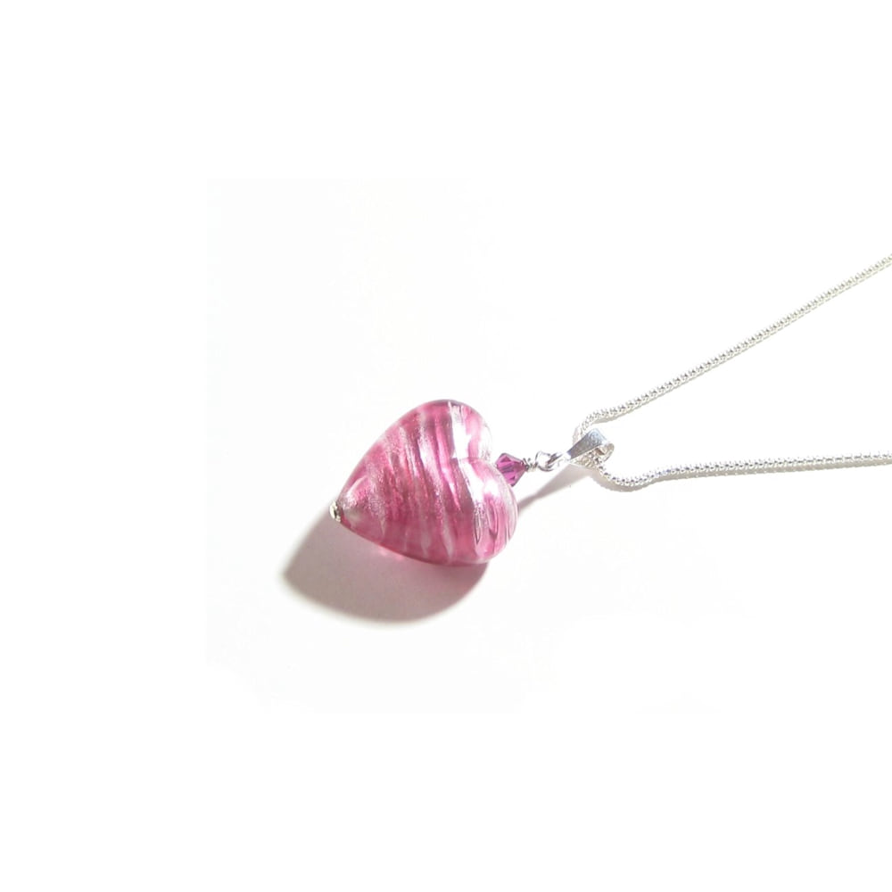 Murano Glass Pink Silver Heart Pendant, Venetian Jewelry - JKC Murano