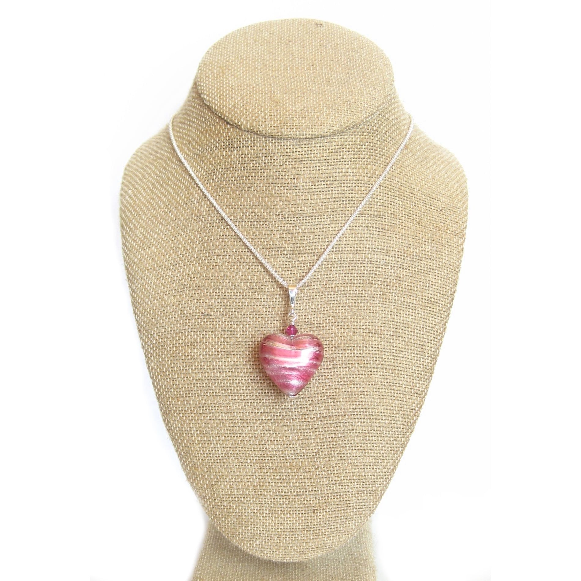 Murano Glass Pink Silver Heart Pendant, Venetian Jewelry - JKC Murano