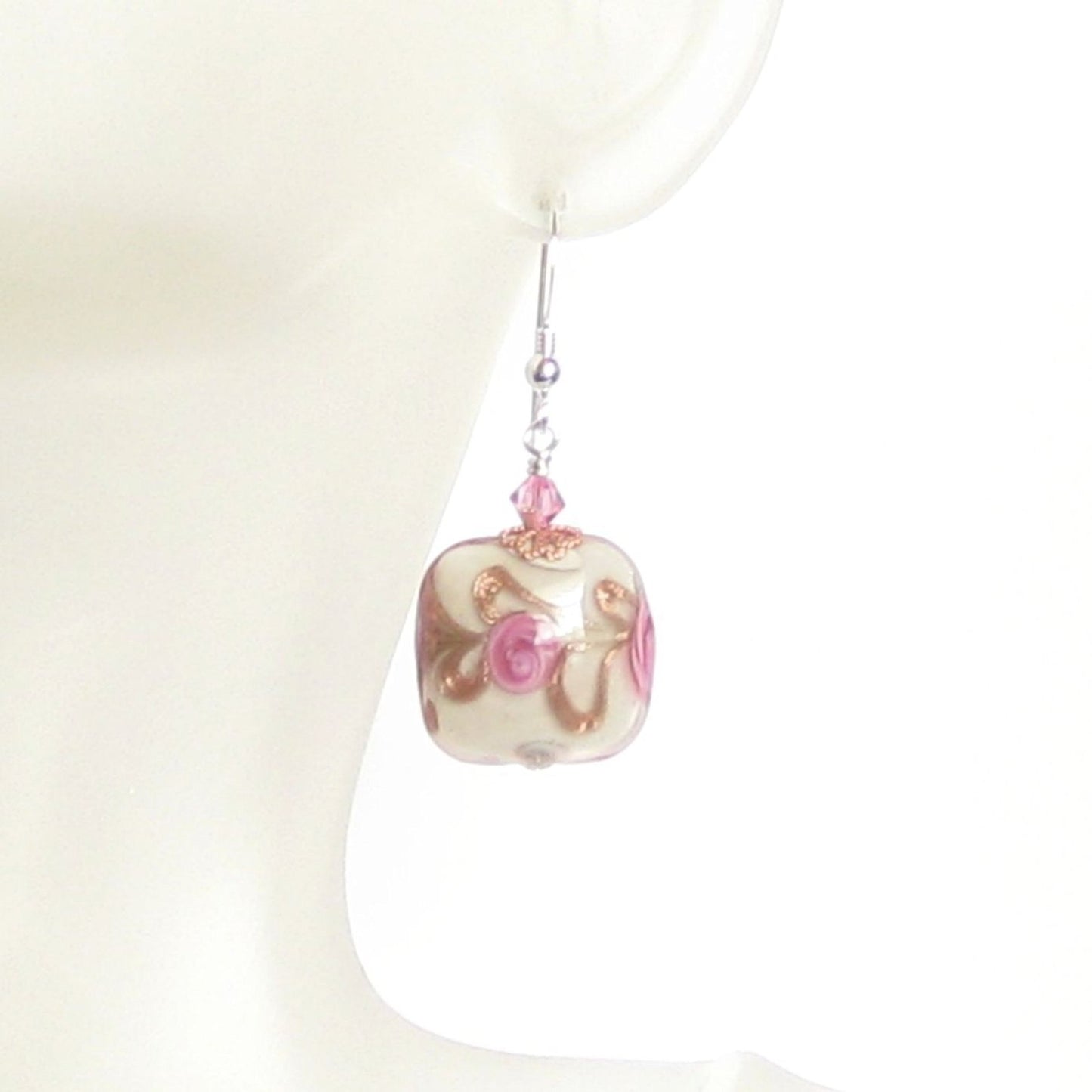 Murano Glass Pink Roses Cream Copper Square Silver Earrings - JKC Murano