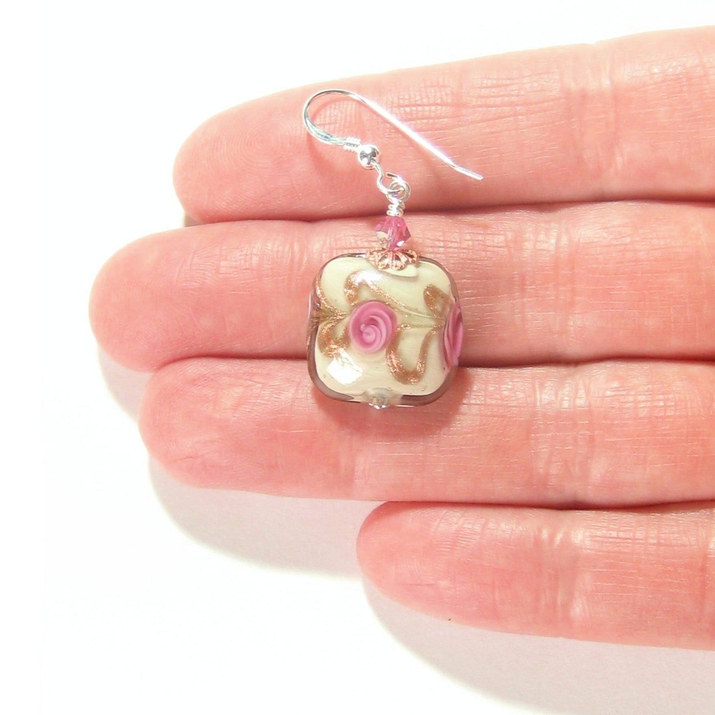 Murano Glass Pink Roses Cream Copper Square Silver Earrings - JKC Murano