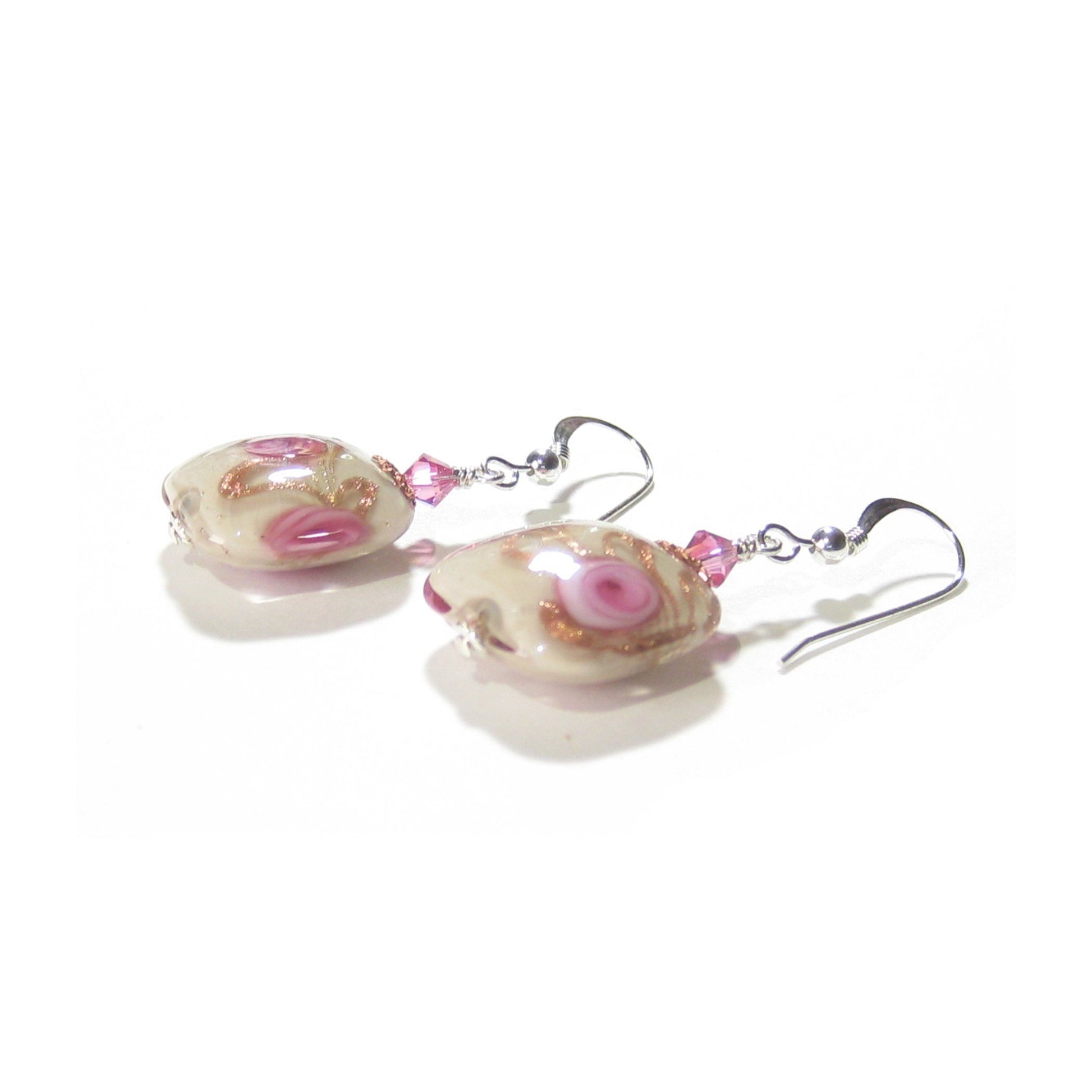 Murano Glass Pink Roses Cream Copper Square Silver Earrings - JKC Murano