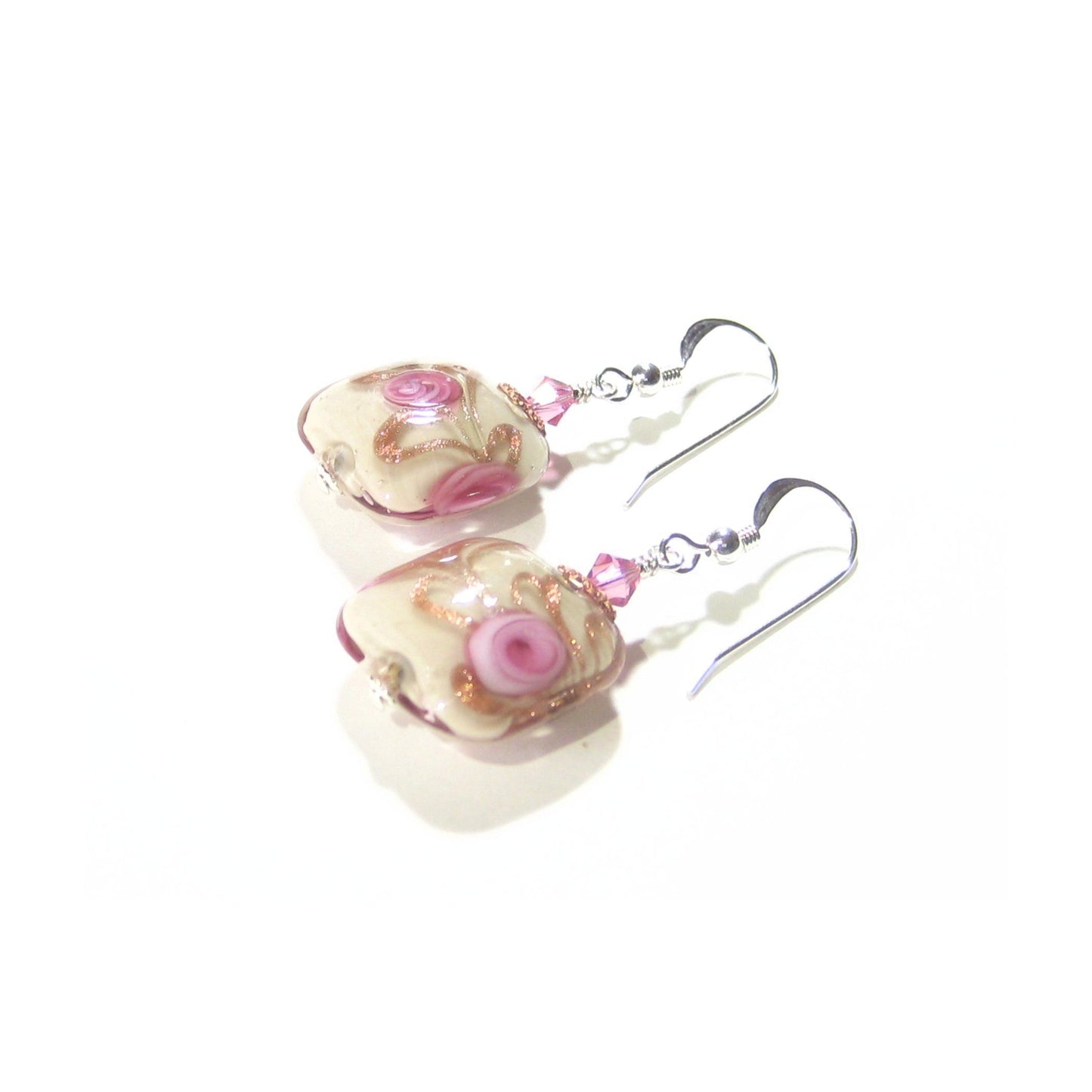 Murano Glass Pink Roses Cream Copper Square Silver Earrings - JKC Murano