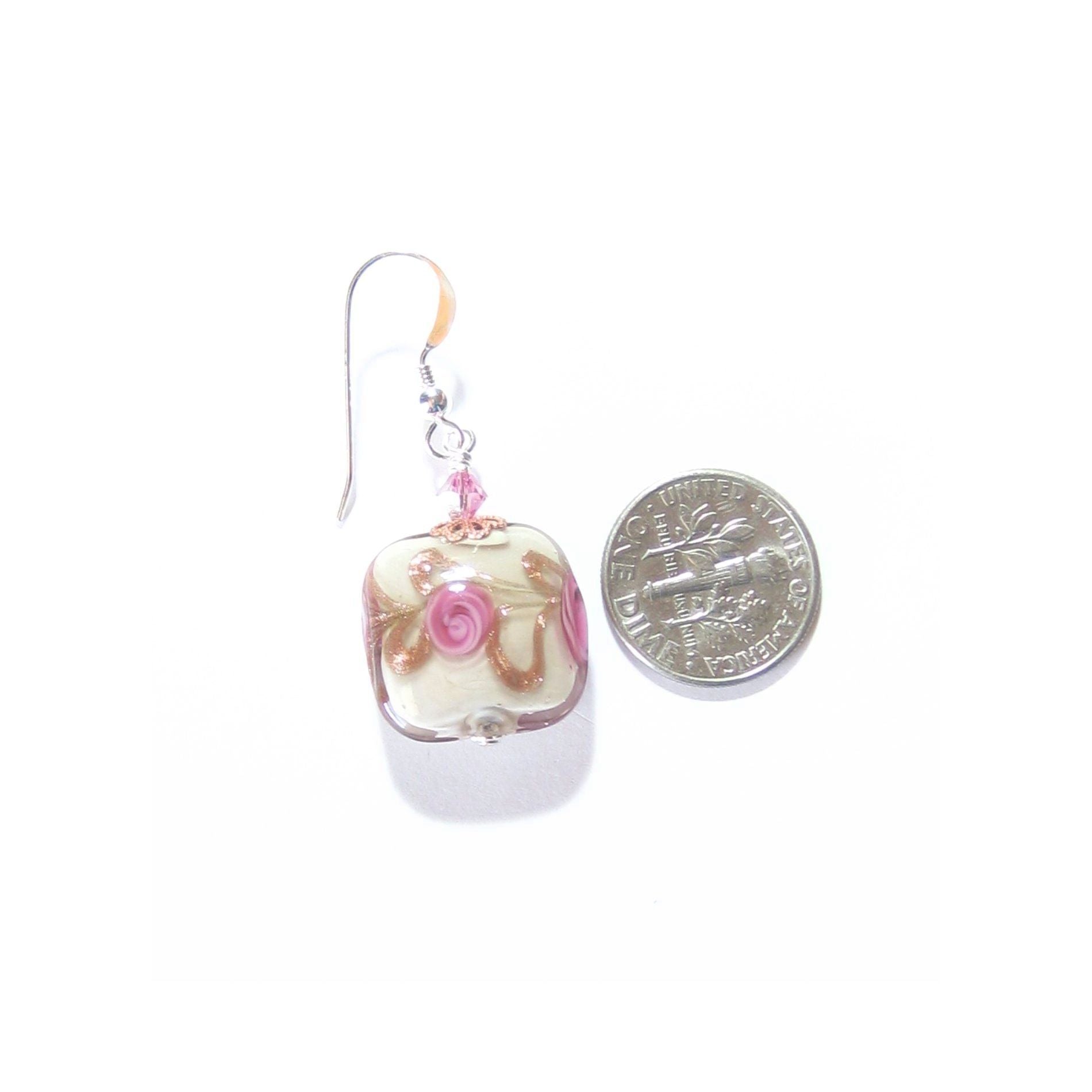 Murano Glass Pink Roses Cream Copper Square Silver Earrings - JKC Murano