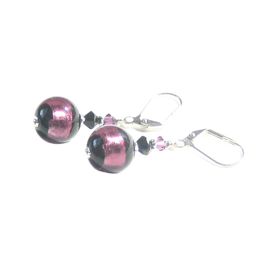 Murano Glass Black Purple Stripe Ball Sterling Silver Earrings - JKC Murano