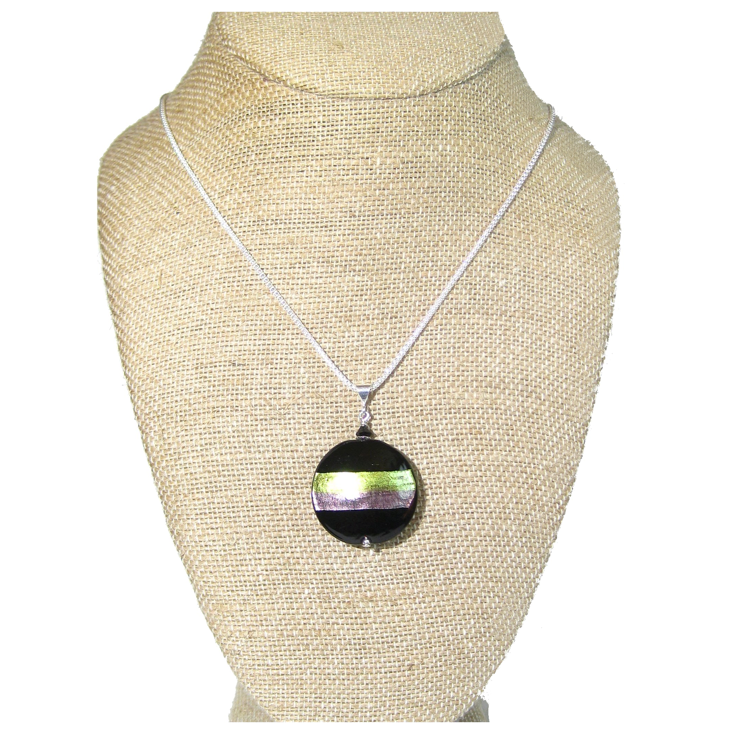 Murano Glass Purple Green Striped Black Pendant, Italian Sterling Silver Chain - JKC Murano