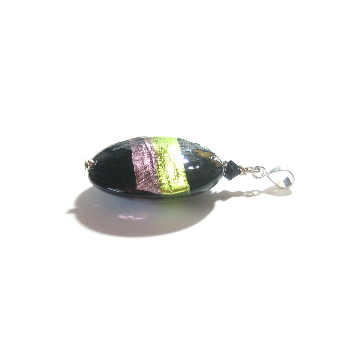 Murano Glass Purple Green Striped Black Pendant, Italian Sterling Silver Chain - JKC Murano