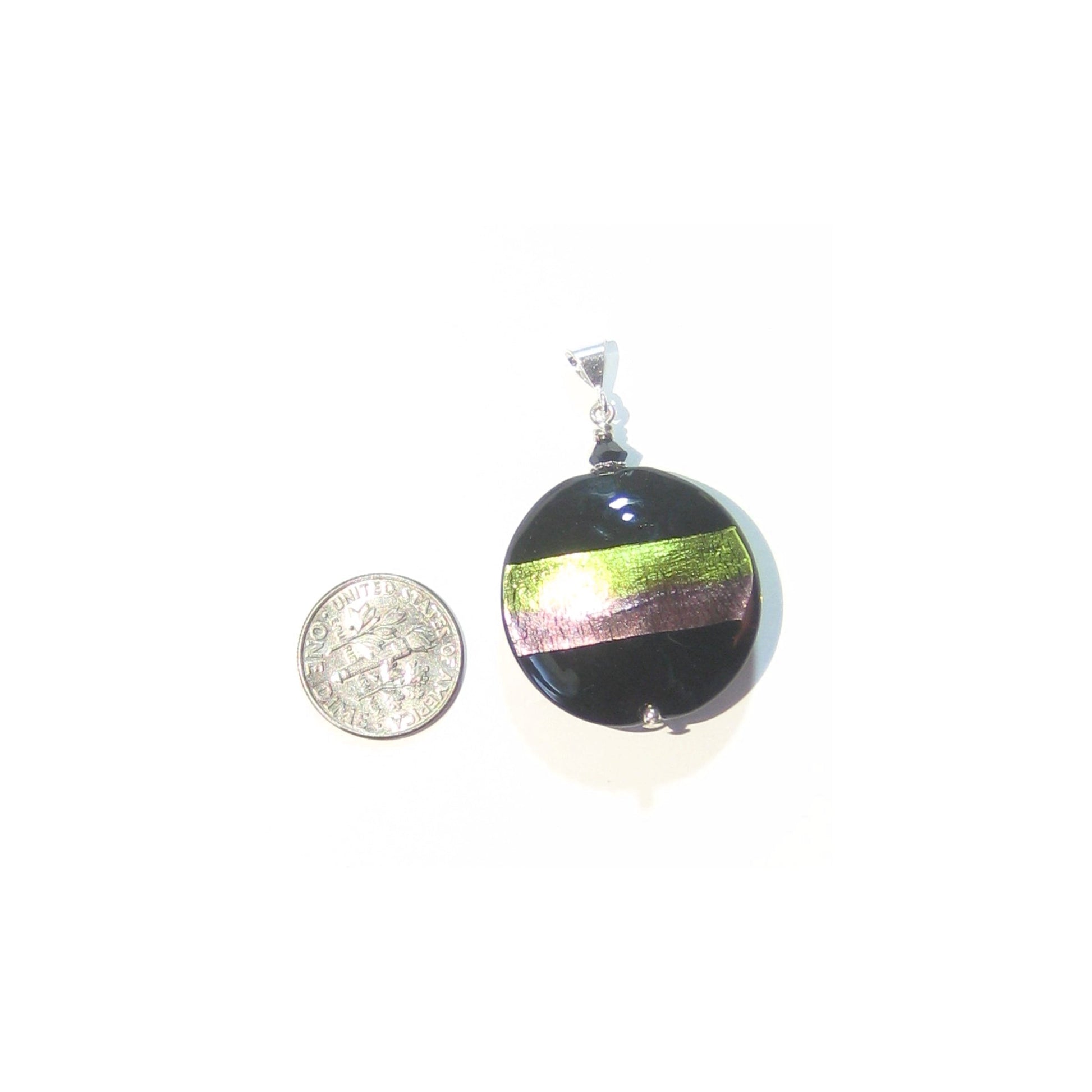 Murano Glass Purple Green Striped Black Pendant, Italian Sterling Silver Chain - JKC Murano