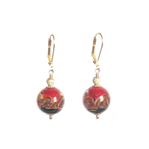 Red Black Murano Glass Gold Earrings - Handcrafted Italian Beads