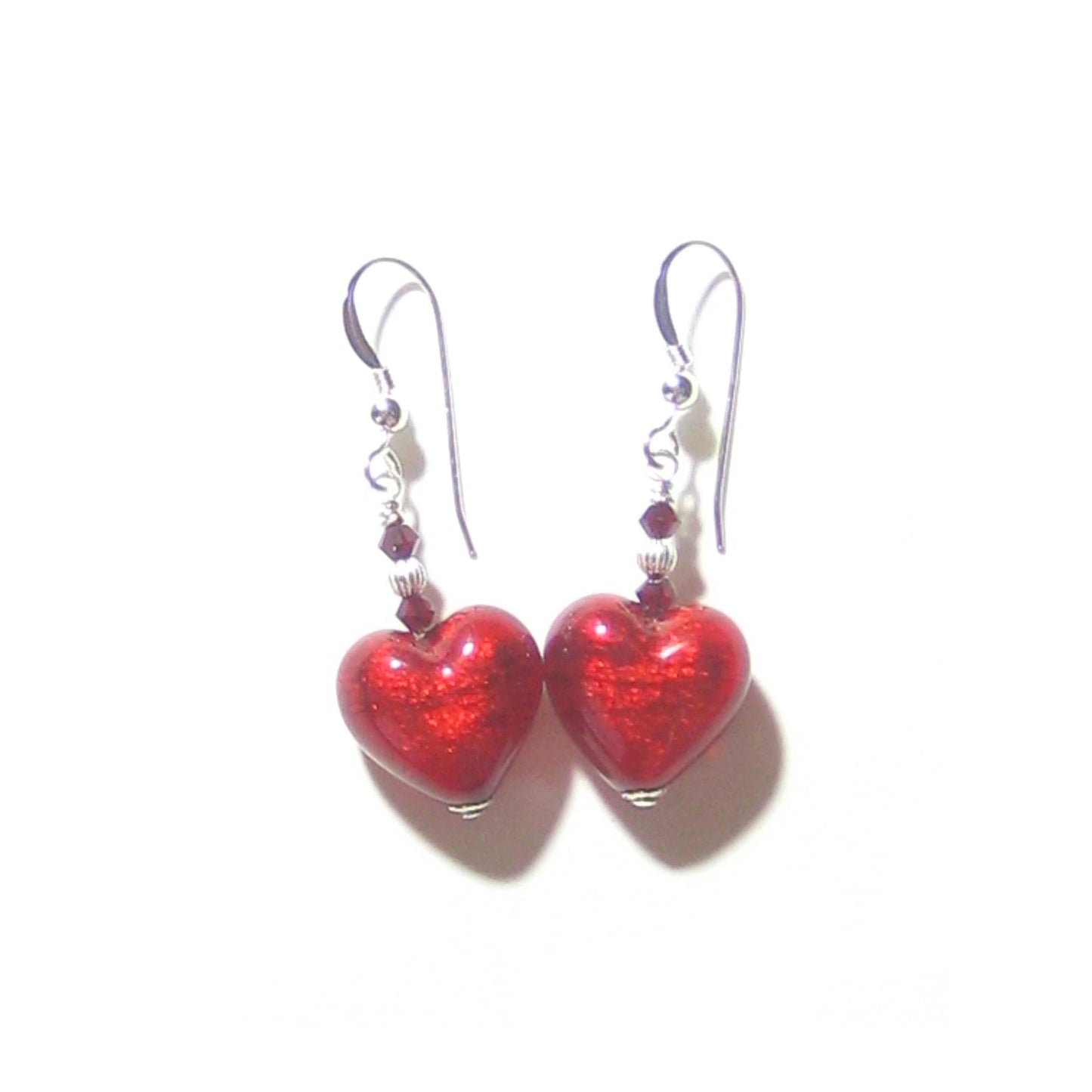 Murano Glass Red Heart Sterling Silver Earrings, Venetian Jewelry - JKC Murano