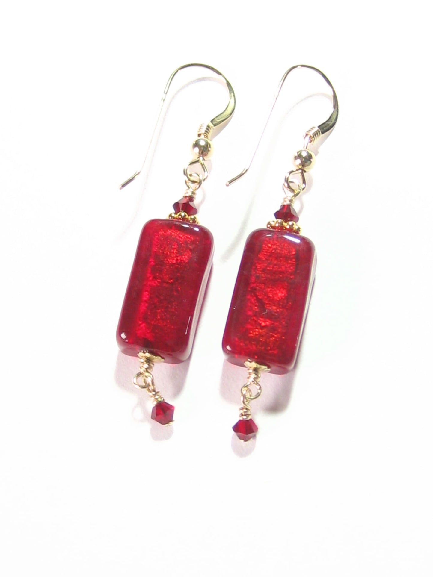 Venetian Glass Red Rectangle Gold Earrings, Gold Filled Fishhooks - JKC Murano