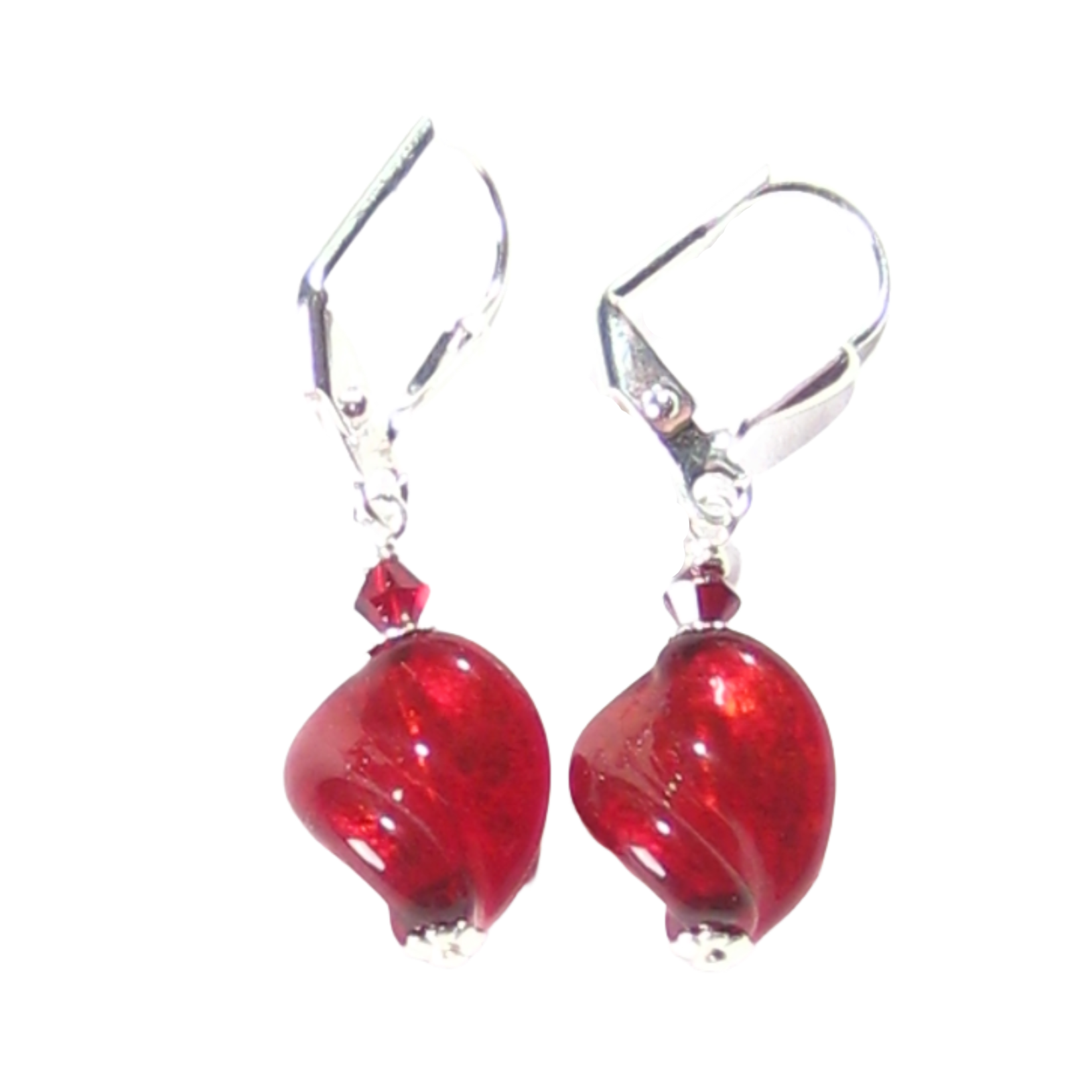 Murano Glass Red Small Twist Sterling Silver Earrings, Leverback Earrings - JKC Murano