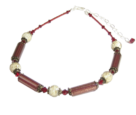 Murano Glass Vintage Style Red Silver Necklace - JKC Murano