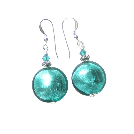 Murano Glass Large Sea Green Disc Silver Earrings - JKC Murano