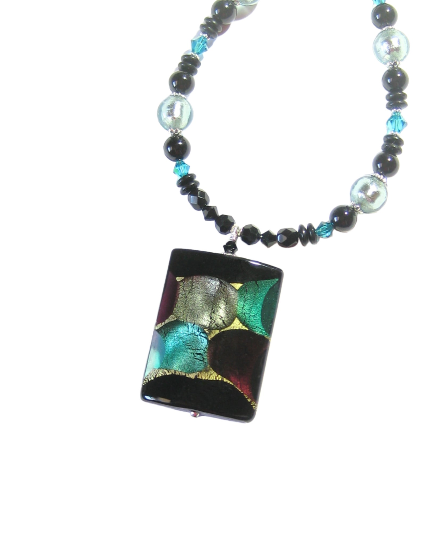 Murano Glass Large colorful Black Rectangle Pendant Silver Necklace - JKC Murano