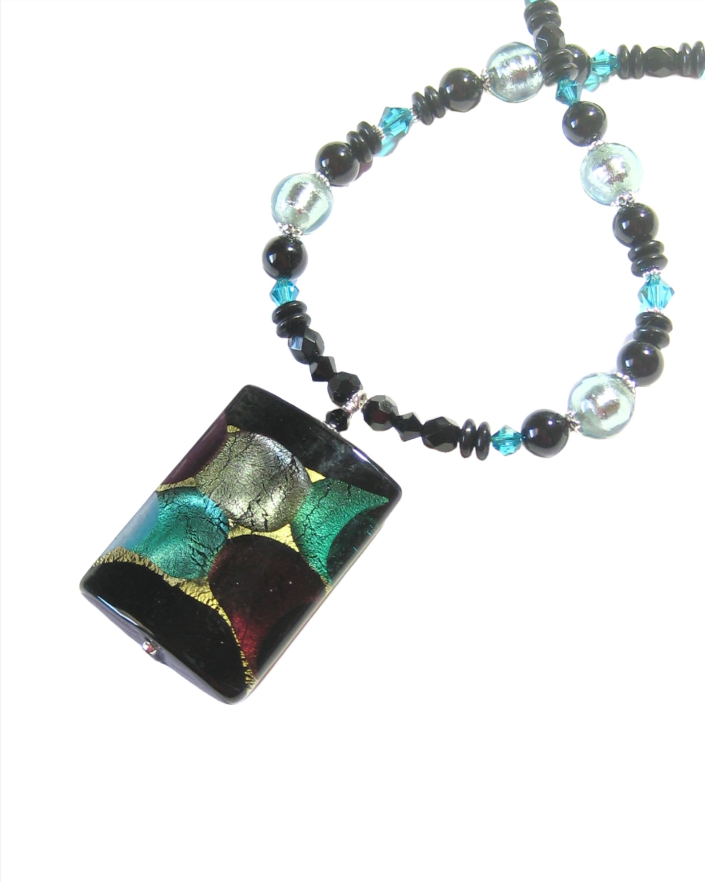 Murano Glass Large colorful Black Rectangle Pendant Silver Necklace - JKC Murano