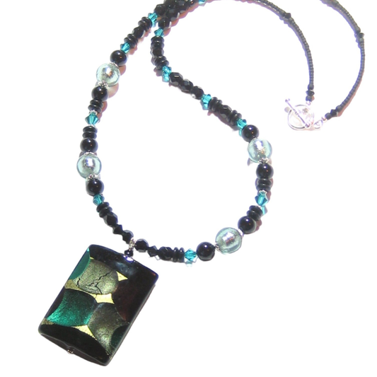 Murano Glass Large colorful Black Rectangle Pendant Silver Necklace - JKC Murano