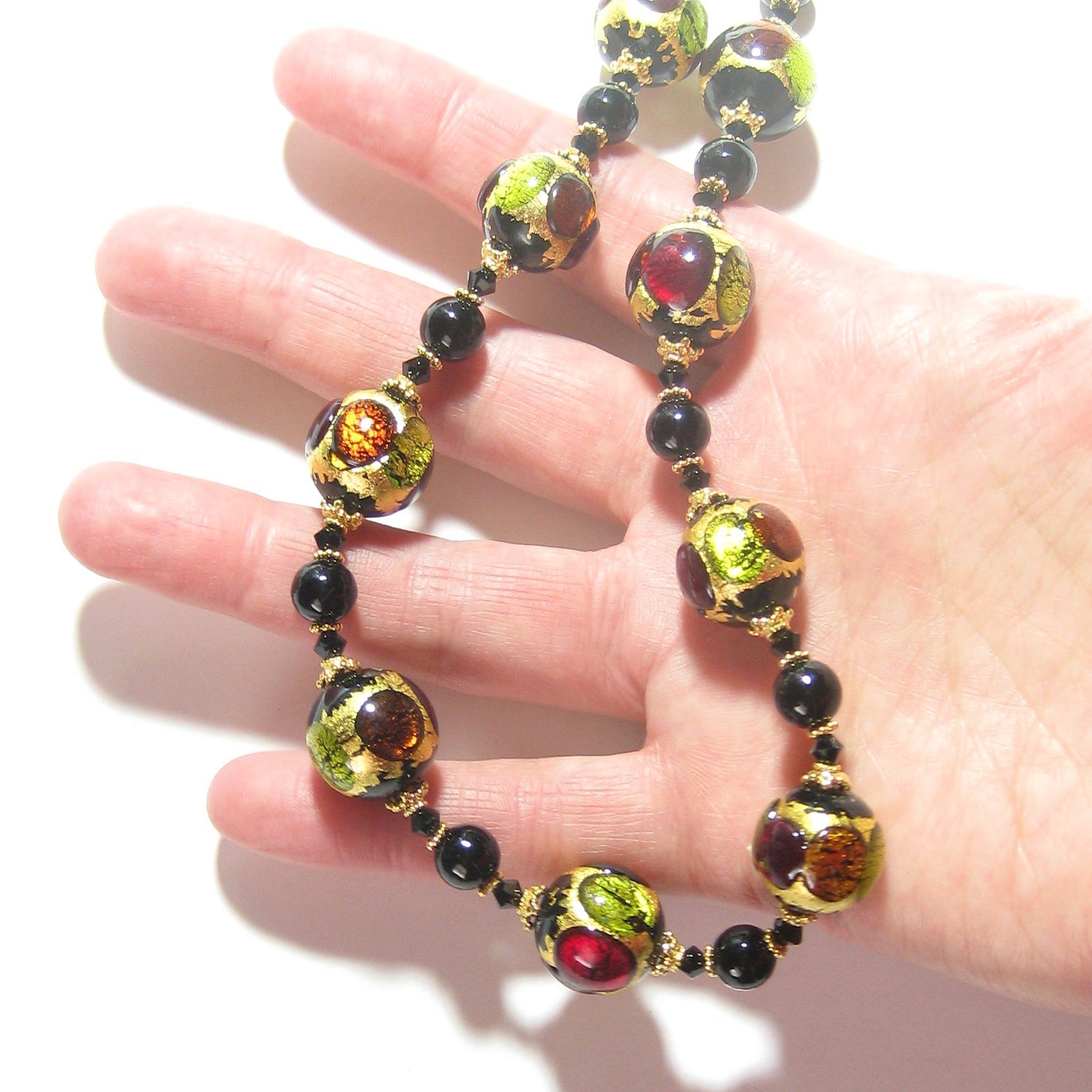 Murano Glass Colorful Black Ball Chunky Gold Necklace - JKC Murano