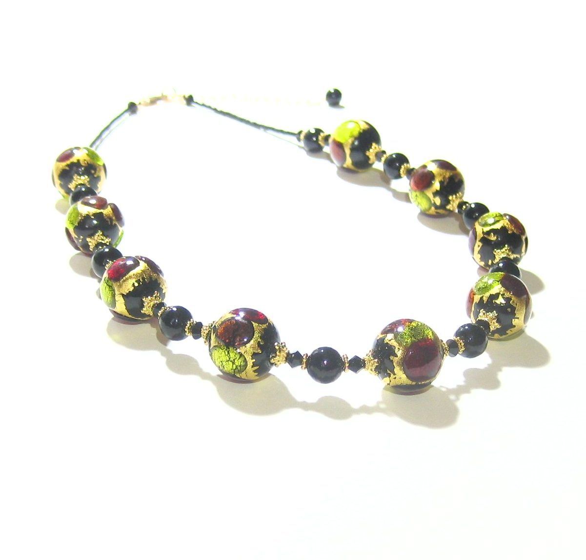 Murano Glass Colorful Black Ball Chunky Gold Necklace - JKC Murano