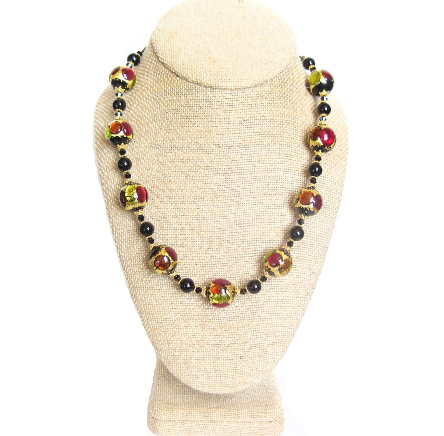 Murano Glass Colorful Black Ball Chunky Gold Necklace - JKC Murano