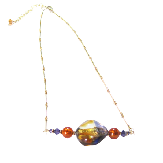 Murano Glass Amber Plum Nugget Gold Necklace, Gold Filled Chain - JKC Murano