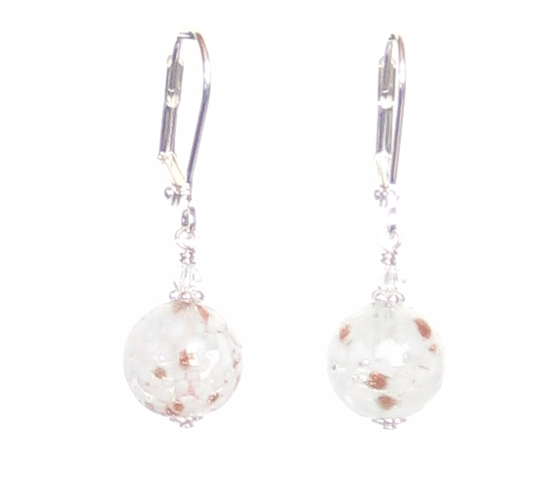 Murano Glass White Copper Ball Silver Earrings - JKC Murano