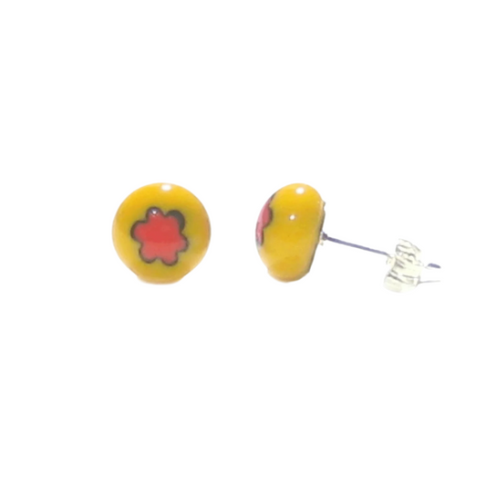 Murano Millefiori Yellow Red Flower Sterling Silver Post Earrings, Studs - JKC Murano