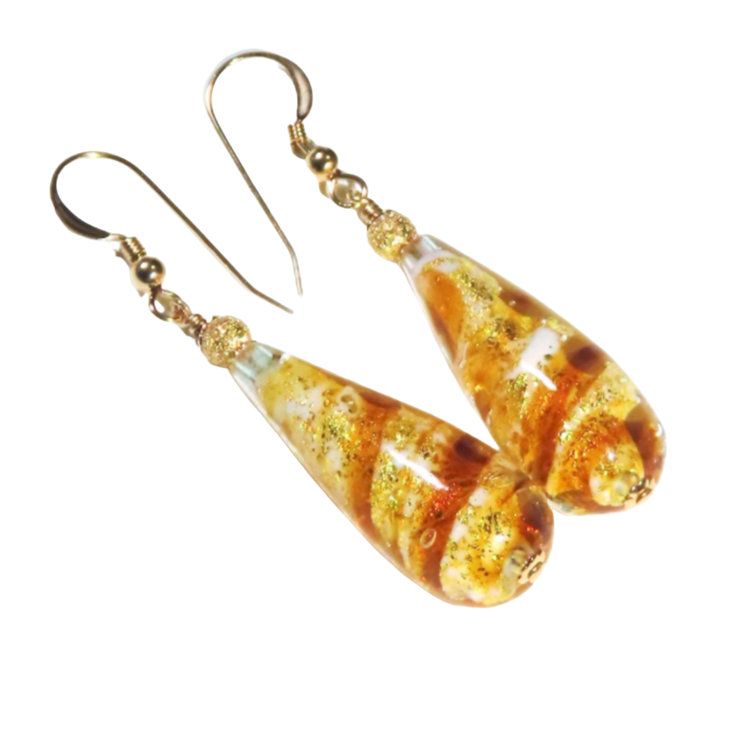 Murano Glass Topaz Swirl Teardrop Long Gold Earrings - JKC Murano