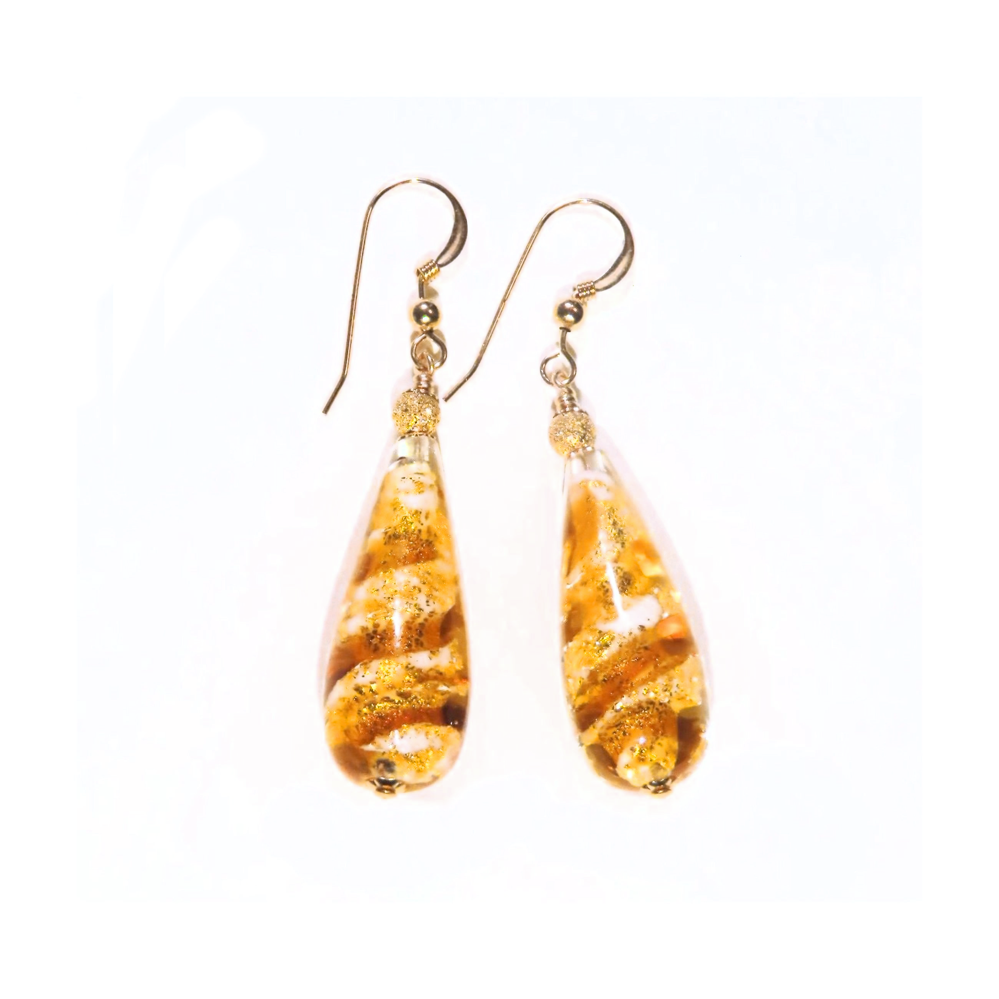 Murano Glass Topaz Swirl Teardrop Long Gold Earrings - JKC Murano
