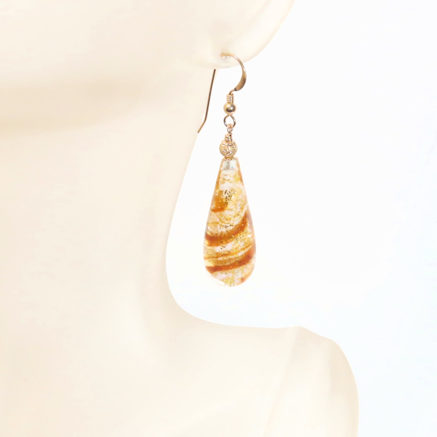 Murano Glass Topaz Swirl Teardrop Long Gold Earrings - JKC Murano