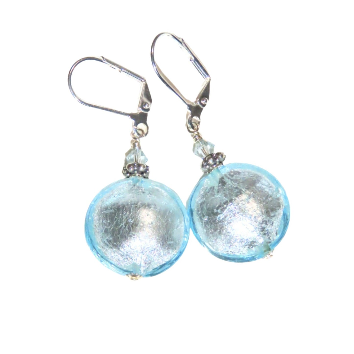 Murano Glass Aquamarine Large Disc Silver Earrings