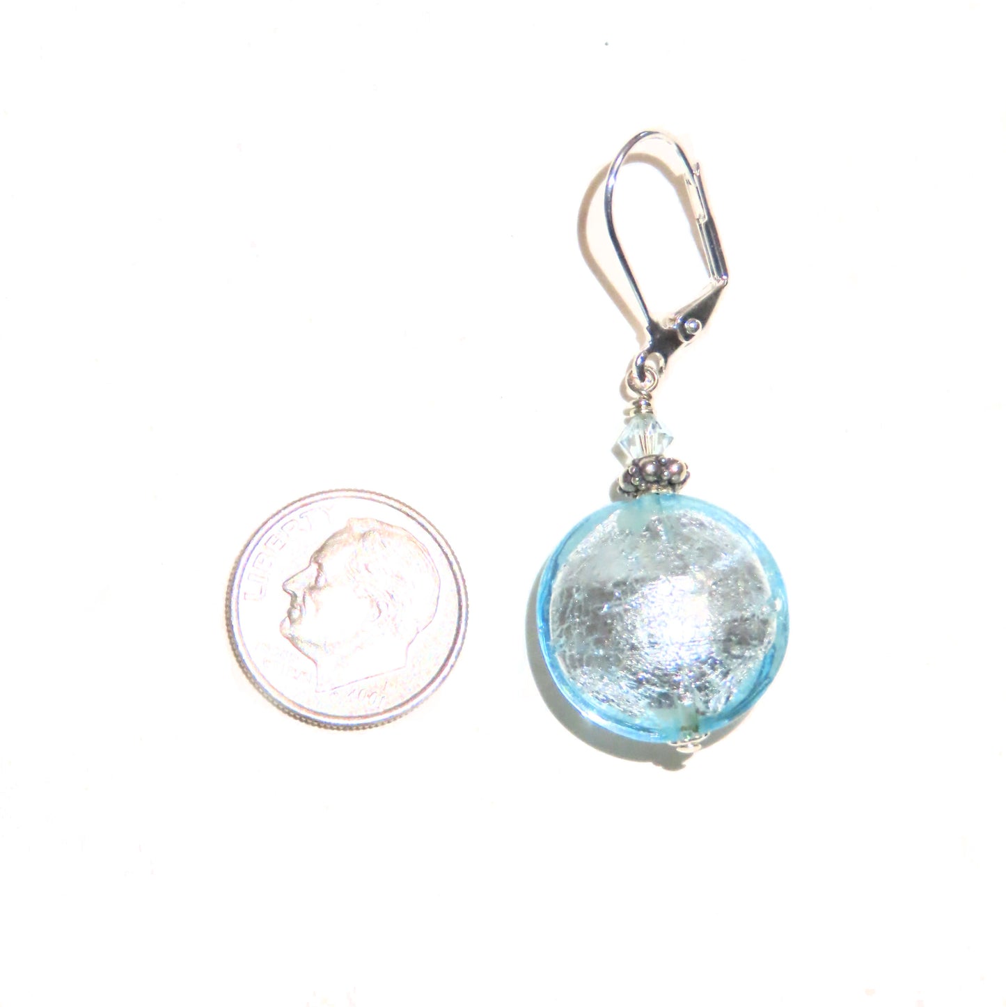 Murano Glass Aquamarine Large Disc Silver Earrings