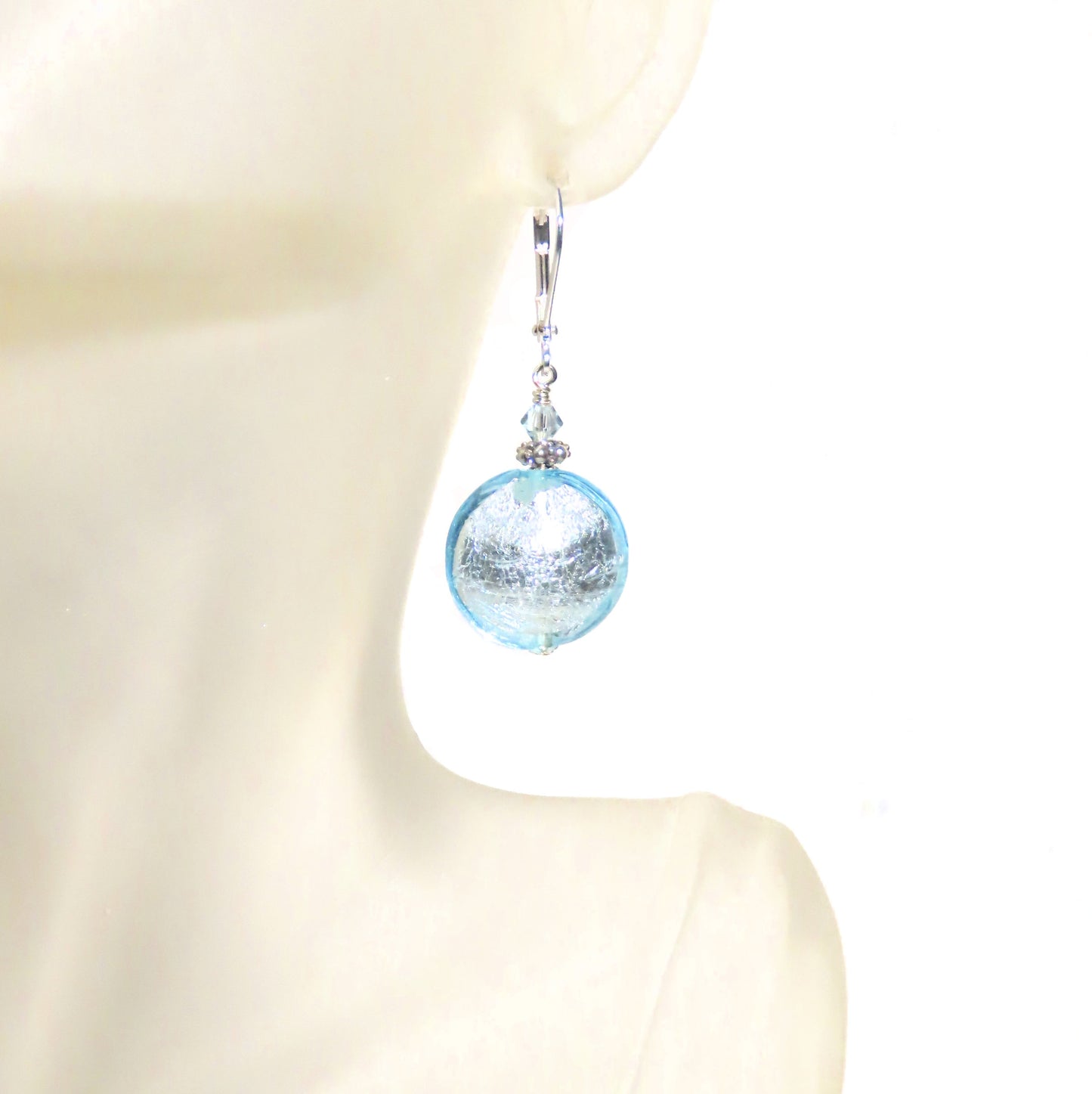 Murano Glass Aquamarine Large Disc Silver Earrings