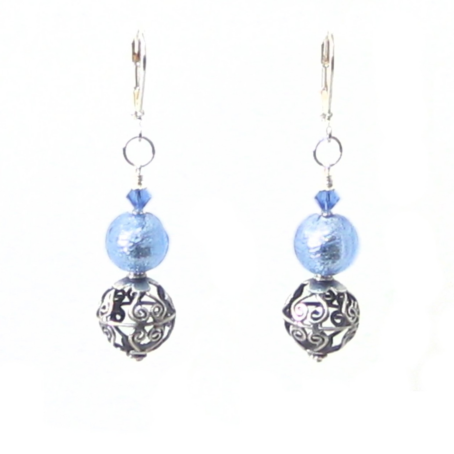 Murano Glass Light Blue Wire Ball Sterling Silver Earrings - JKC Murano