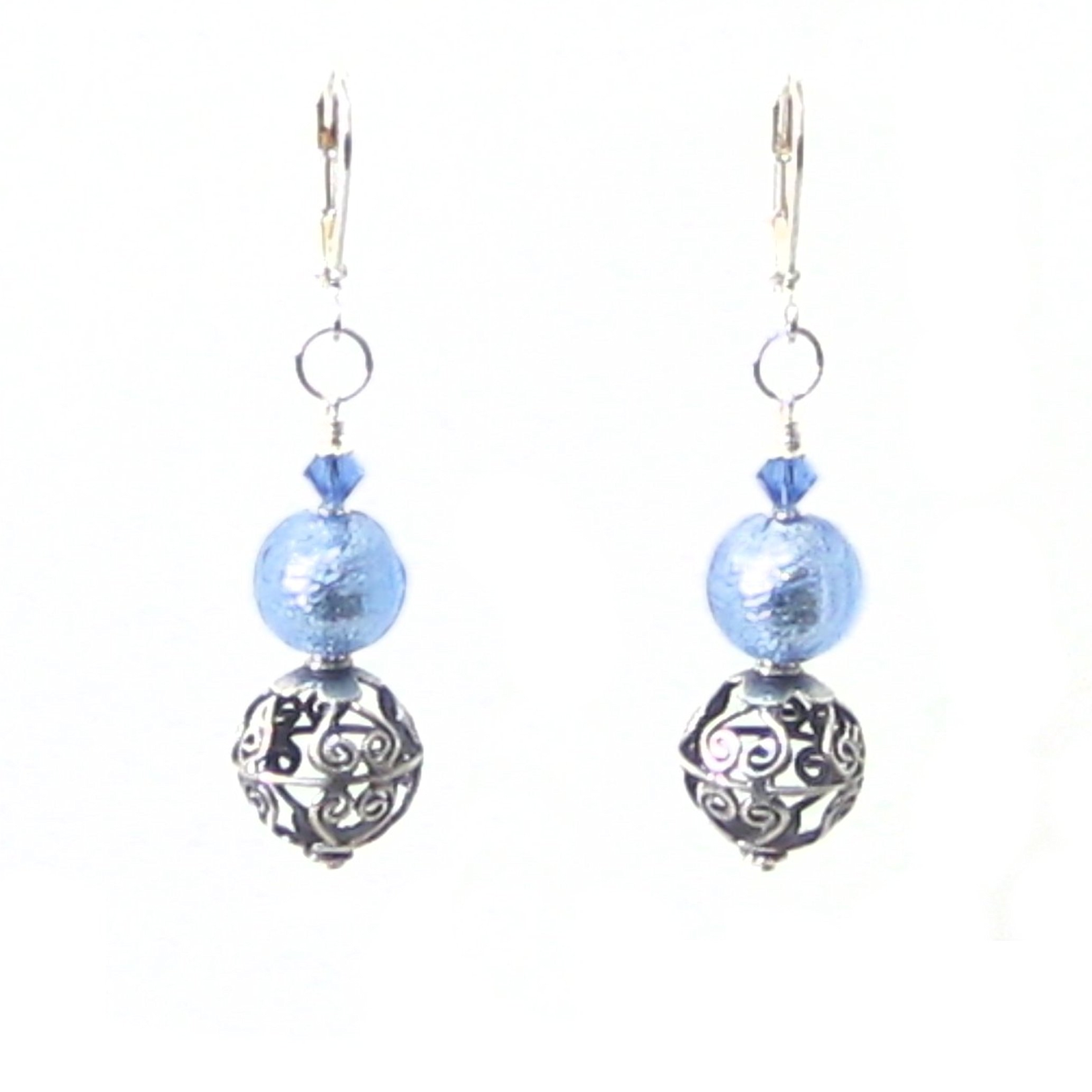 Murano Glass Light Blue Wire Ball Sterling Silver Earrings - JKC Murano