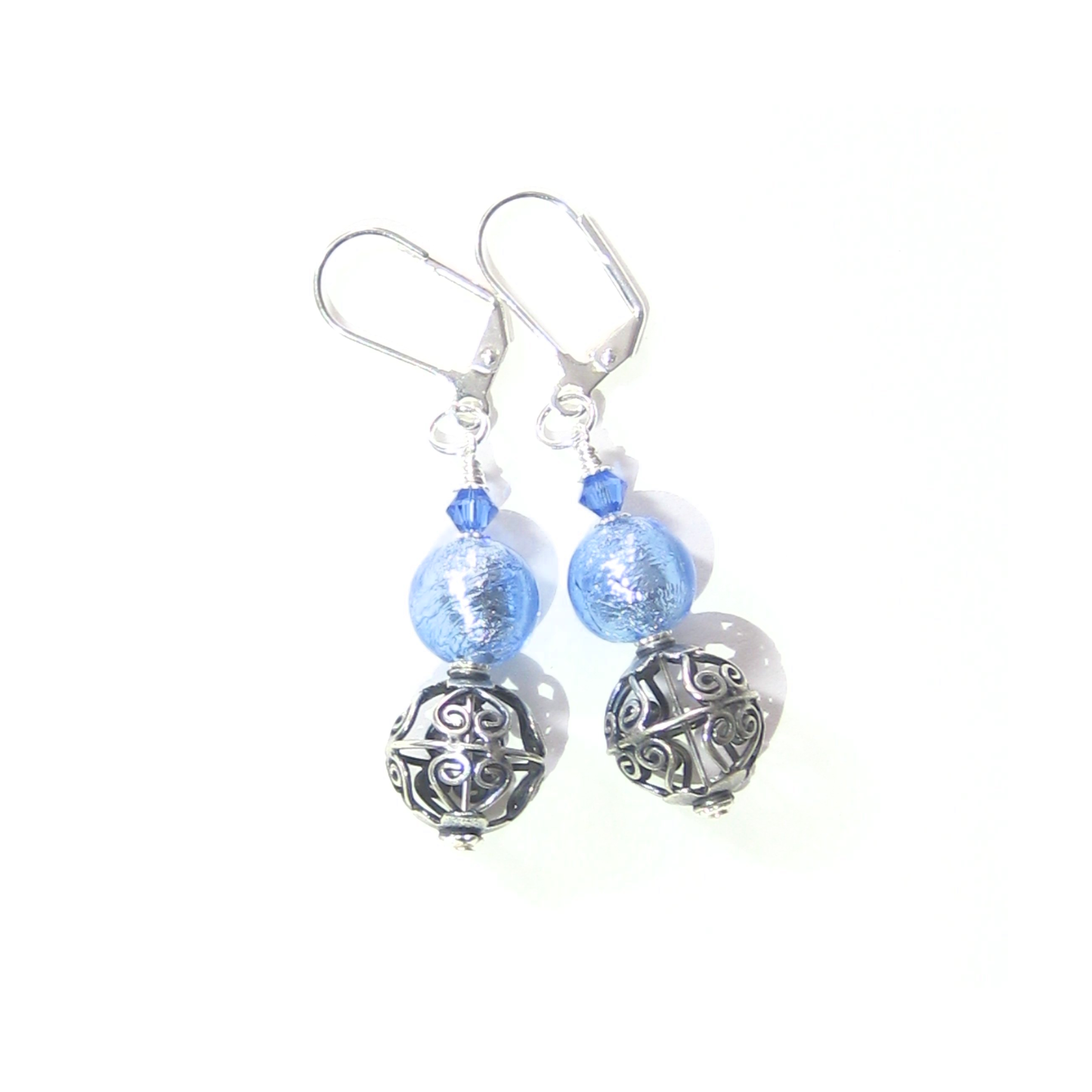 Murano Glass Light Blue Wire Ball Sterling Silver Earrings - JKC Murano