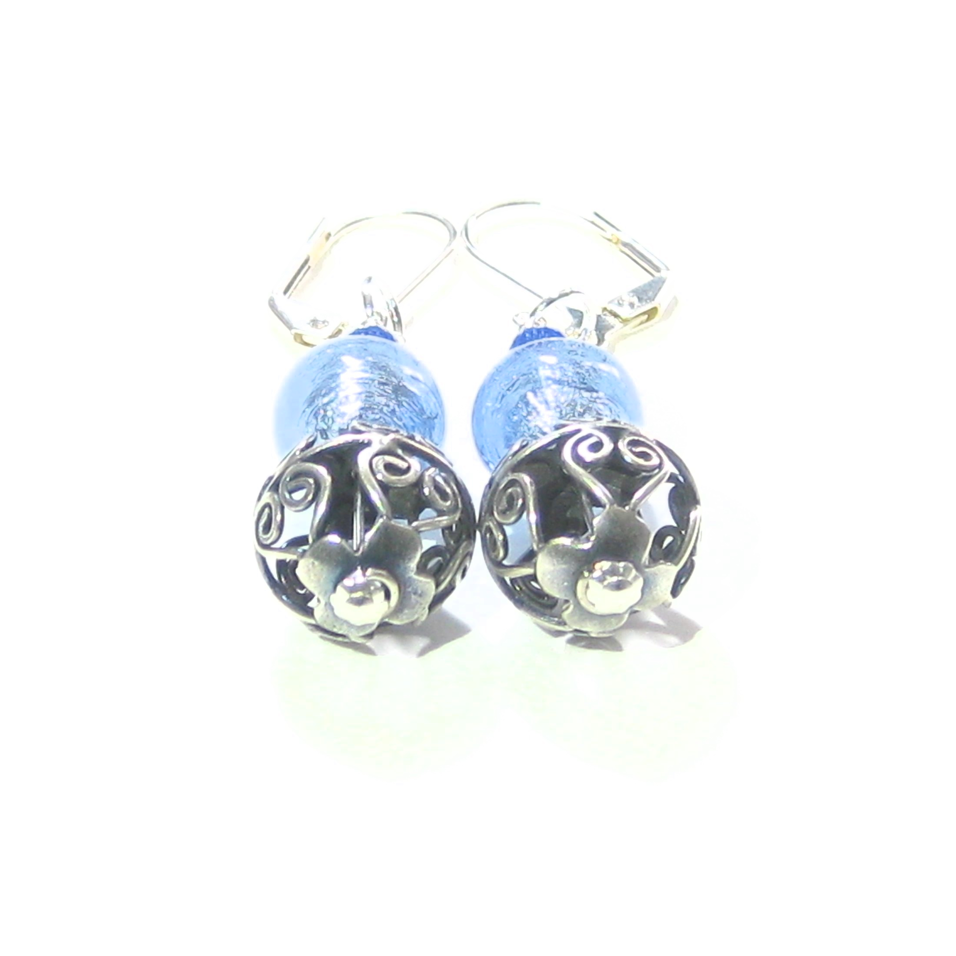 Murano Glass Light Blue Wire Ball Sterling Silver Earrings - JKC Murano