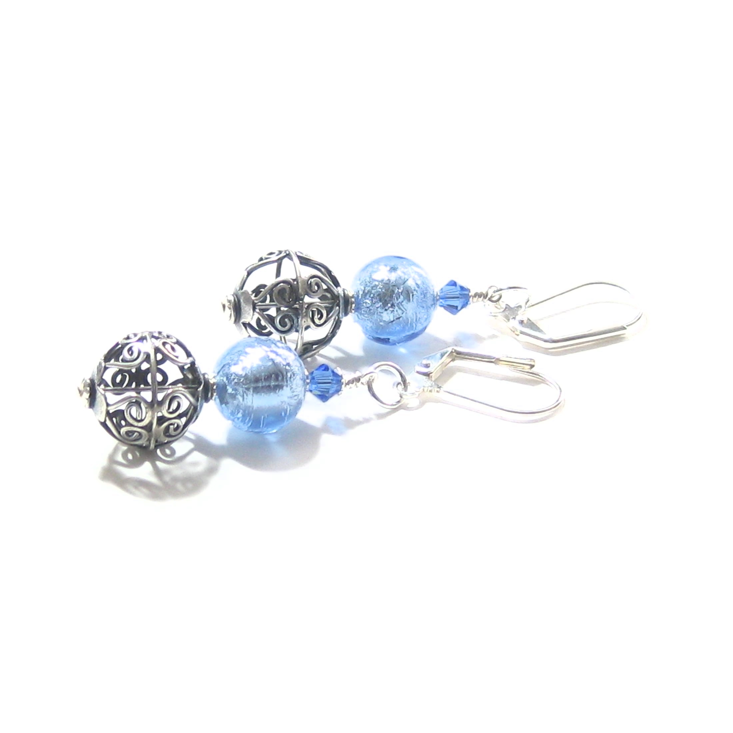 Murano Glass Light Blue Wire Ball Sterling Silver Earrings - JKC Murano