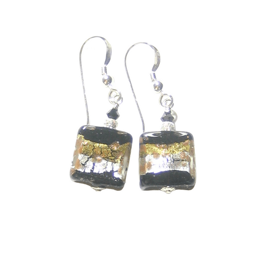 Murano Glass Black Gold Stripe Square Dangle Silver Earrings by JKC Murano - JKC Murano