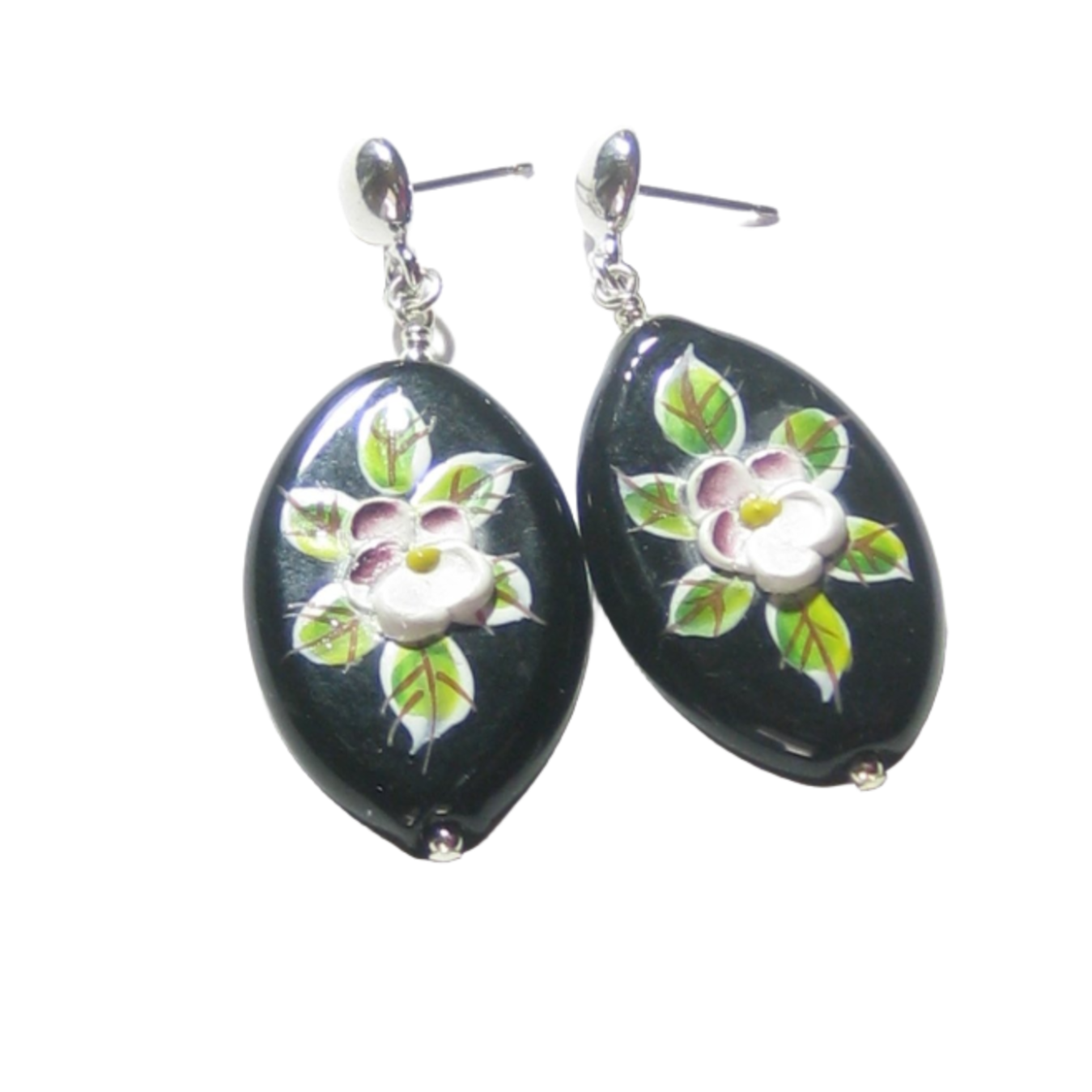 Murano Glass Black Oval Flower Sterling Silver Earrings - JKC Murano